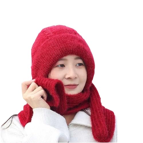 2 in 1 Windproof Scarf With Cap Integrated Ear Guard Hat Plus Velvet, Winter Warm Soft Knitted Beanie Hats Scarf- Woolen Lovely Muffler Fur Cap with Stylish Muffler Woolen Caps for Women & Girls