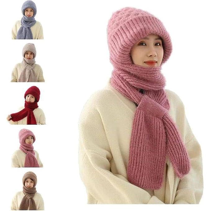 2 in 1 Windproof Scarf With Cap Integrated Ear Guard Hat Plus Velvet, Winter Warm Soft Knitted Beanie Hats Scarf- Woolen Lovely Muffler Fur Cap with Stylish Muffler Woolen Caps for Women & Girls