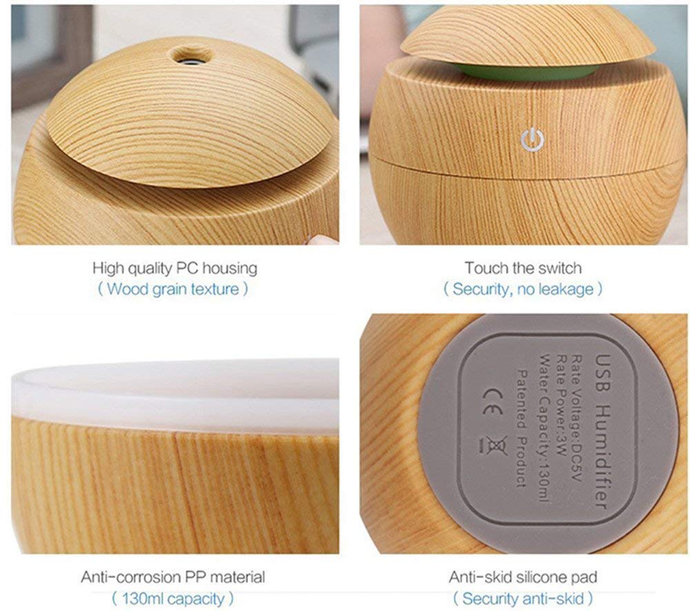 Light Wood Humidifier - Wooden Humidifier Aroma Diffuser with Led Night Light Colorful Change for Car, Office, Babies, humidifiers for home, air humidifier for room