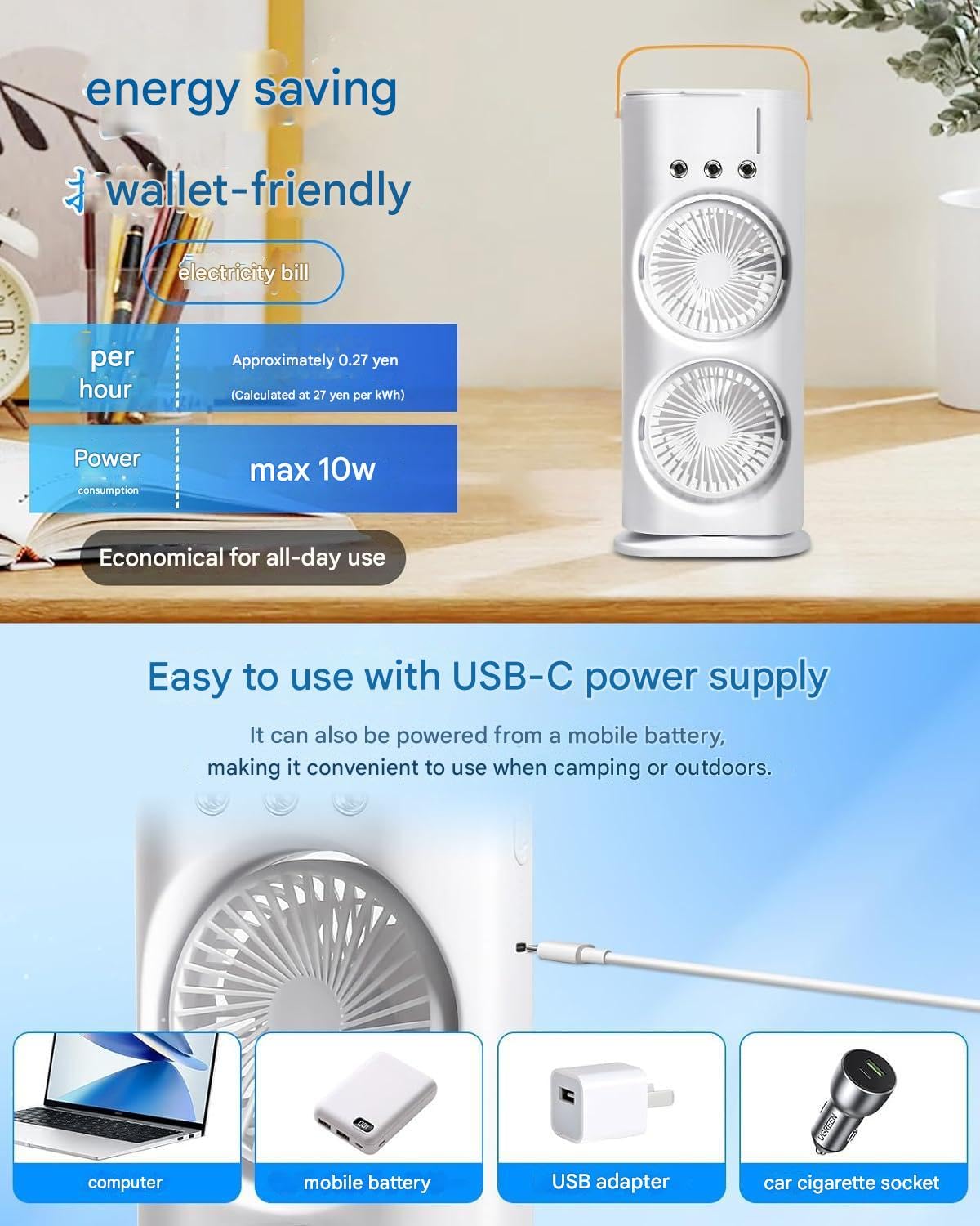 TESNO 4000mAh Double Ended Spray Fan, Cold Air Fan, 2025 New 3 Gears USB Rechargeable Oscillating fan with LED Light Cooler Fan, Touch & Remote Control, 280ml Water Tank, Ice Filling Fan (White)