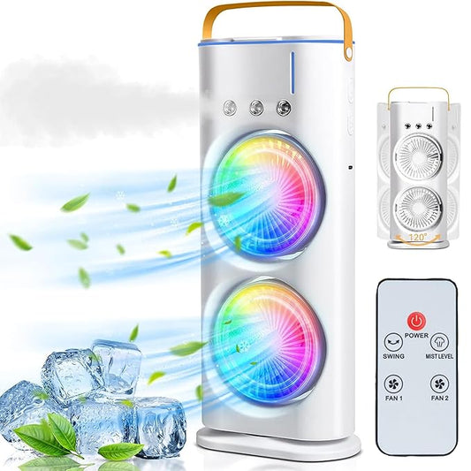 TESNO 4000mAh Double Ended Spray Fan, Cold Air Fan, 2025 New 3 Gears USB Rechargeable Oscillating fan with LED Light Cooler Fan, Touch & Remote Control, 280ml Water Tank, Ice Filling Fan (White)