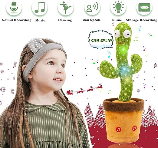 Dancing Cactus Talking Plush Toy with Singing & Recording Function Rechargeable - Repeat What You Say Electronic Light Up Interactive Toy for Toddler with USB Charging Cable - Pack of 1